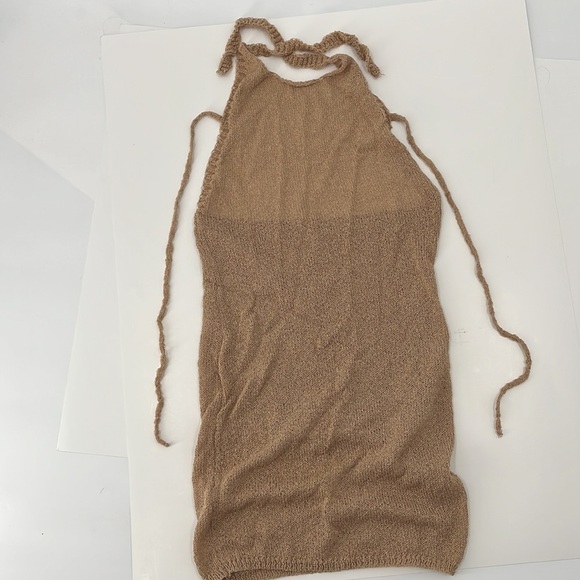 CROCHET Metallic Shimmer Swim Cover Up Dress Gold Nude Open Back Mini Halter - Picture 4 of 4